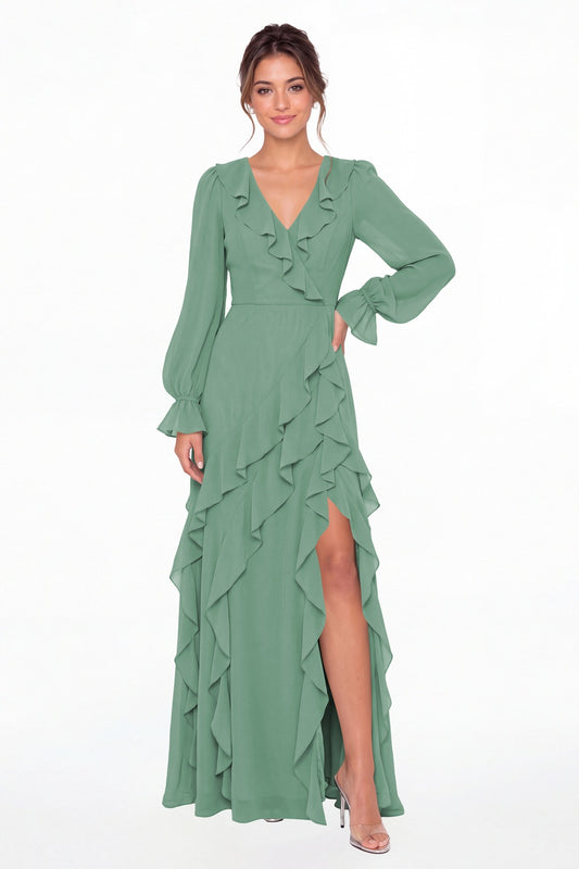 Eucalyptus V-Neck Long Sleeve Ruffle Chiffon Slit Maxi Gown - Front View