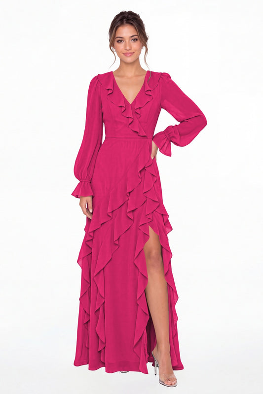 Fuchsia V-Neck Long Sleeve Ruffle Chiffon Slit Maxi Gown - Front View