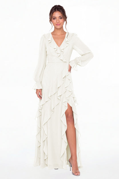 Ivory V-Neck Long Sleeve Ruffle Chiffon Slit Maxi Gown - Front View