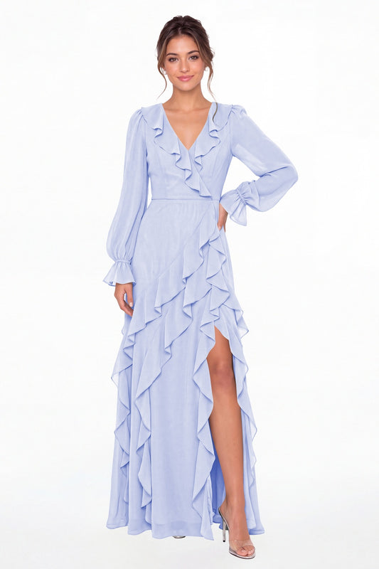 Lavender V-Neck Long Sleeve Ruffle Chiffon Slit Maxi Gown - Front View