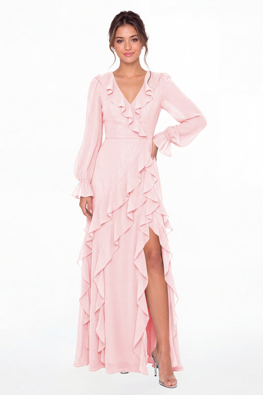 Light Pink V-Neck Long Sleeve Ruffle Chiffon Slit Maxi Gown - Front View