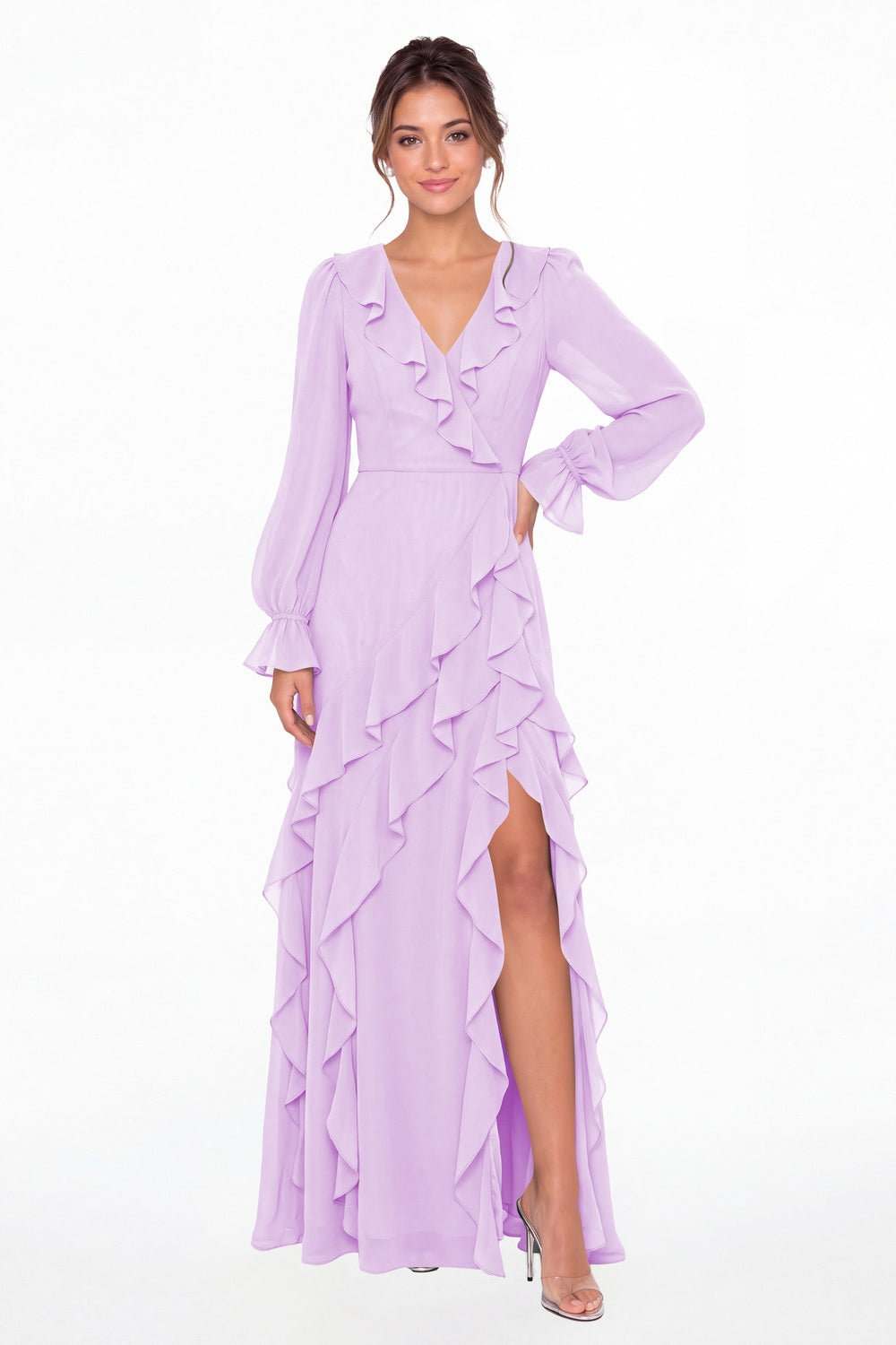 Lilac V-Neck Long Sleeve Ruffle Chiffon Slit Maxi Gown - Front View