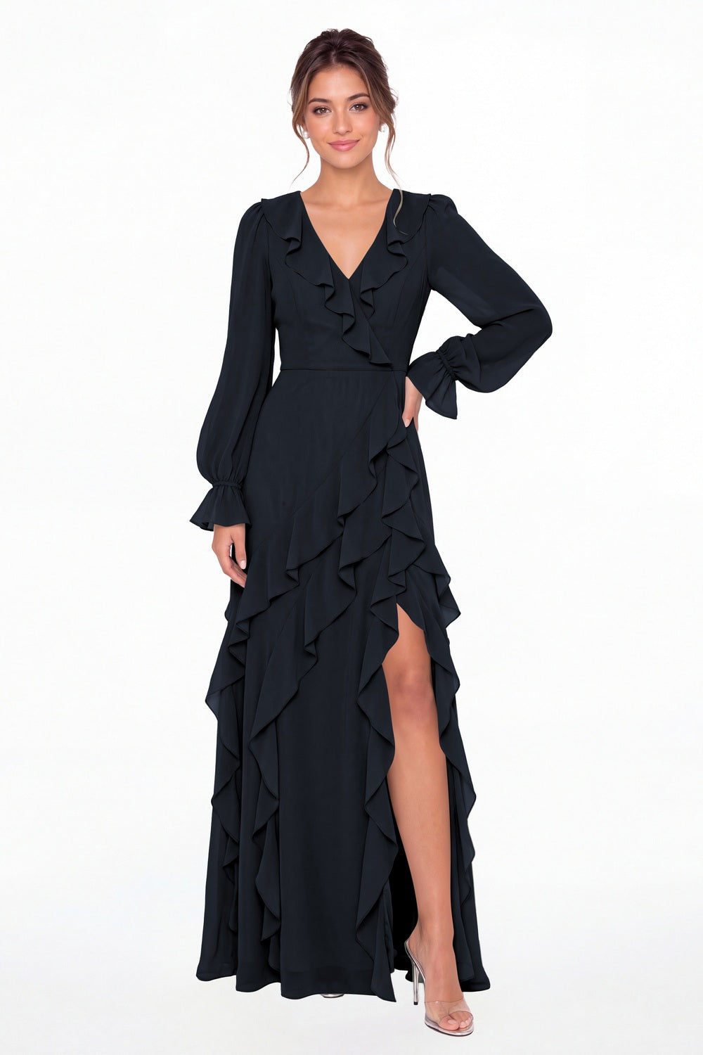 Navy Blue V-Neck Long Sleeve Ruffle Chiffon Slit Maxi Gown - Front View