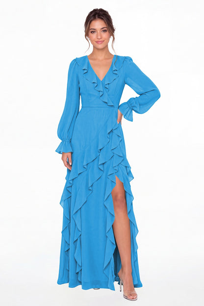Ocean Blue V-Neck Long Sleeve Ruffle Chiffon Slit Maxi Gown - Front View