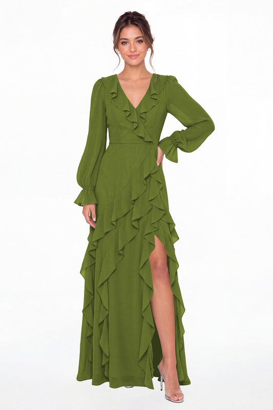 Olive Green V-Neck Long Sleeve Ruffle Chiffon Slit Maxi Gown - Front View