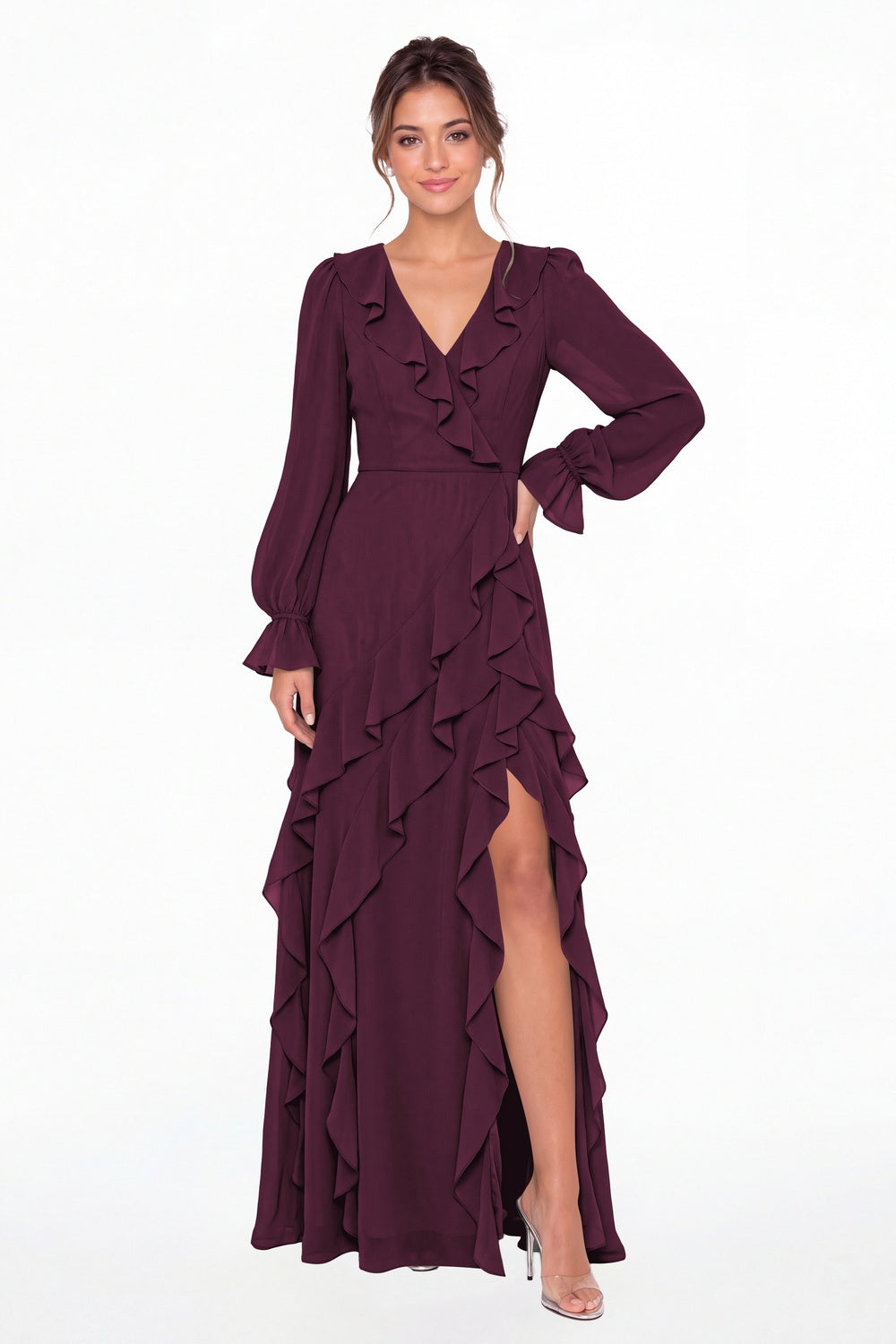 Plum V-Neck Long Sleeve Ruffle Chiffon Slit Maxi Gown - Front View