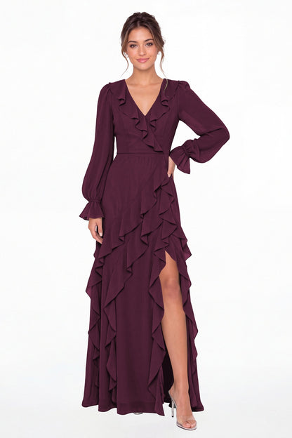 Plum V-Neck Long Sleeve Ruffle Chiffon Slit Maxi Gown - Front View