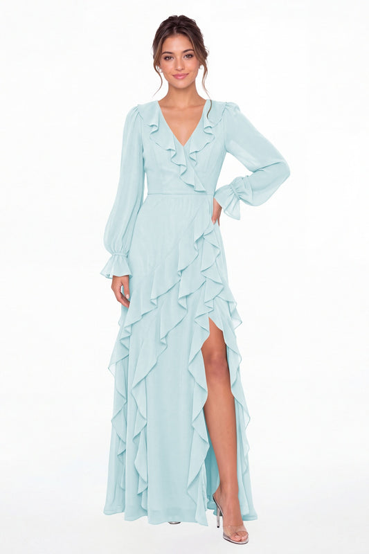 Powder Blue V-Neck Long Sleeve Ruffle Chiffon Slit Maxi Gown - Front View