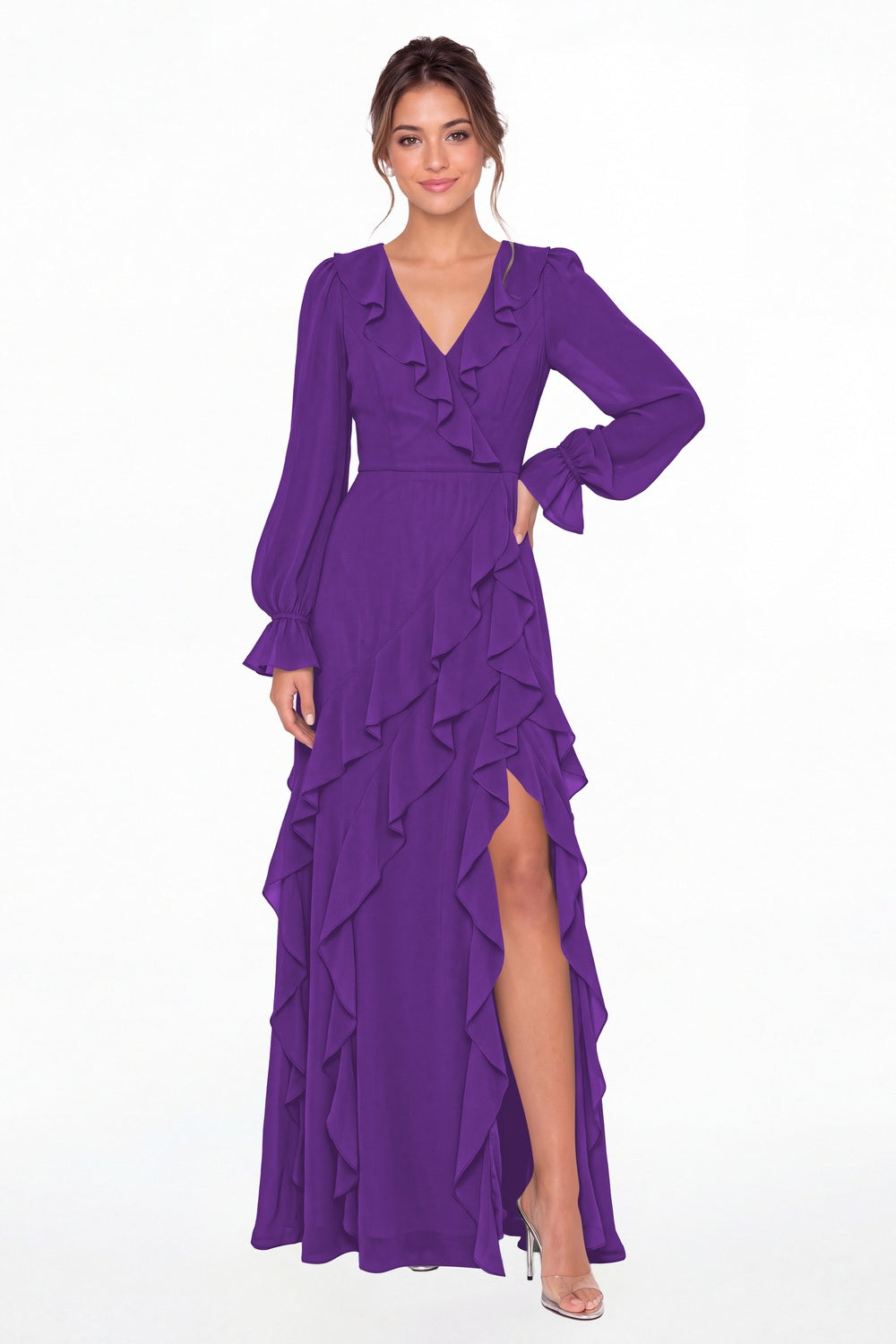 Purple V-Neck Long Sleeve Ruffle Chiffon Slit Maxi Gown - Front View
