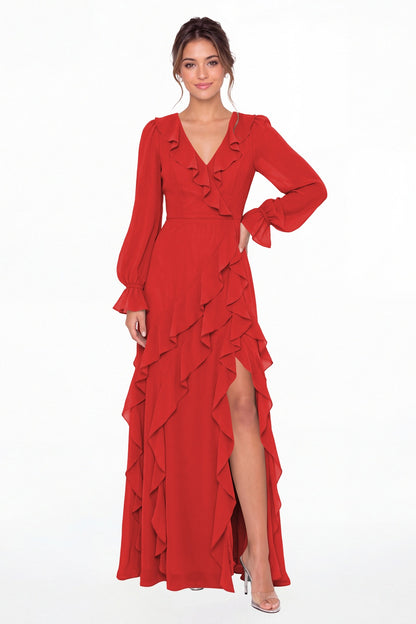 Red V-Neck Long Sleeve Ruffle Chiffon Slit Maxi Gown - Front View
