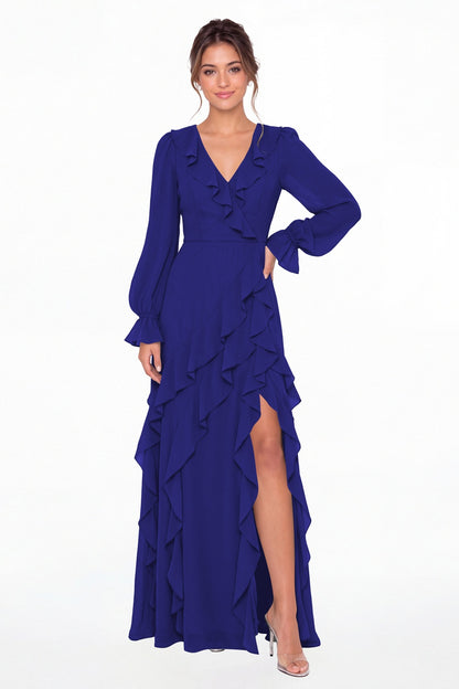 Royal Blue V-Neck Long Sleeve Ruffle Chiffon Slit Maxi Gown - Front View