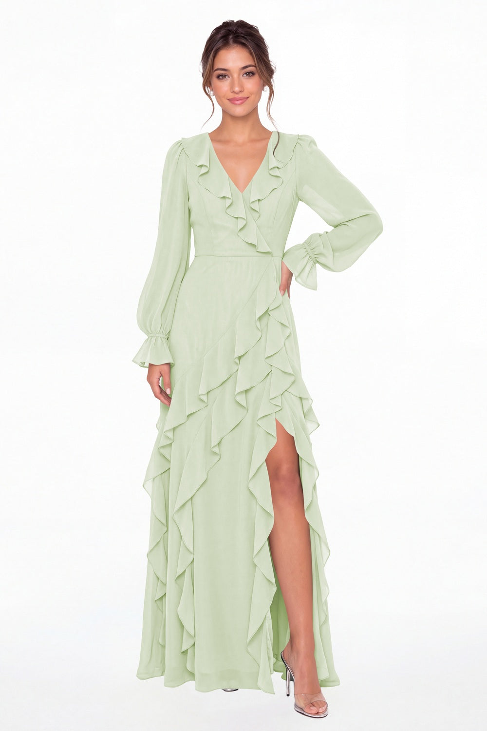 Sage Green V-Neck Long Sleeve Ruffle Chiffon Slit Maxi Gown - Front View