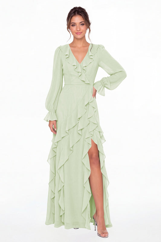 Sage Green V-Neck Long Sleeve Ruffle Chiffon Slit Maxi Gown - Front View