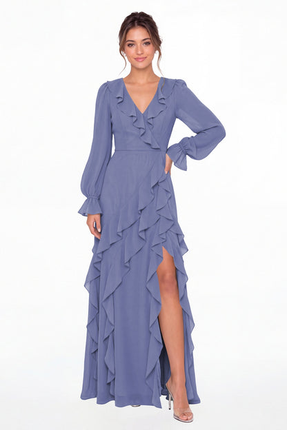 Steel Blue V-Neck Long Sleeve Ruffle Chiffon Slit Maxi Gown - Front View