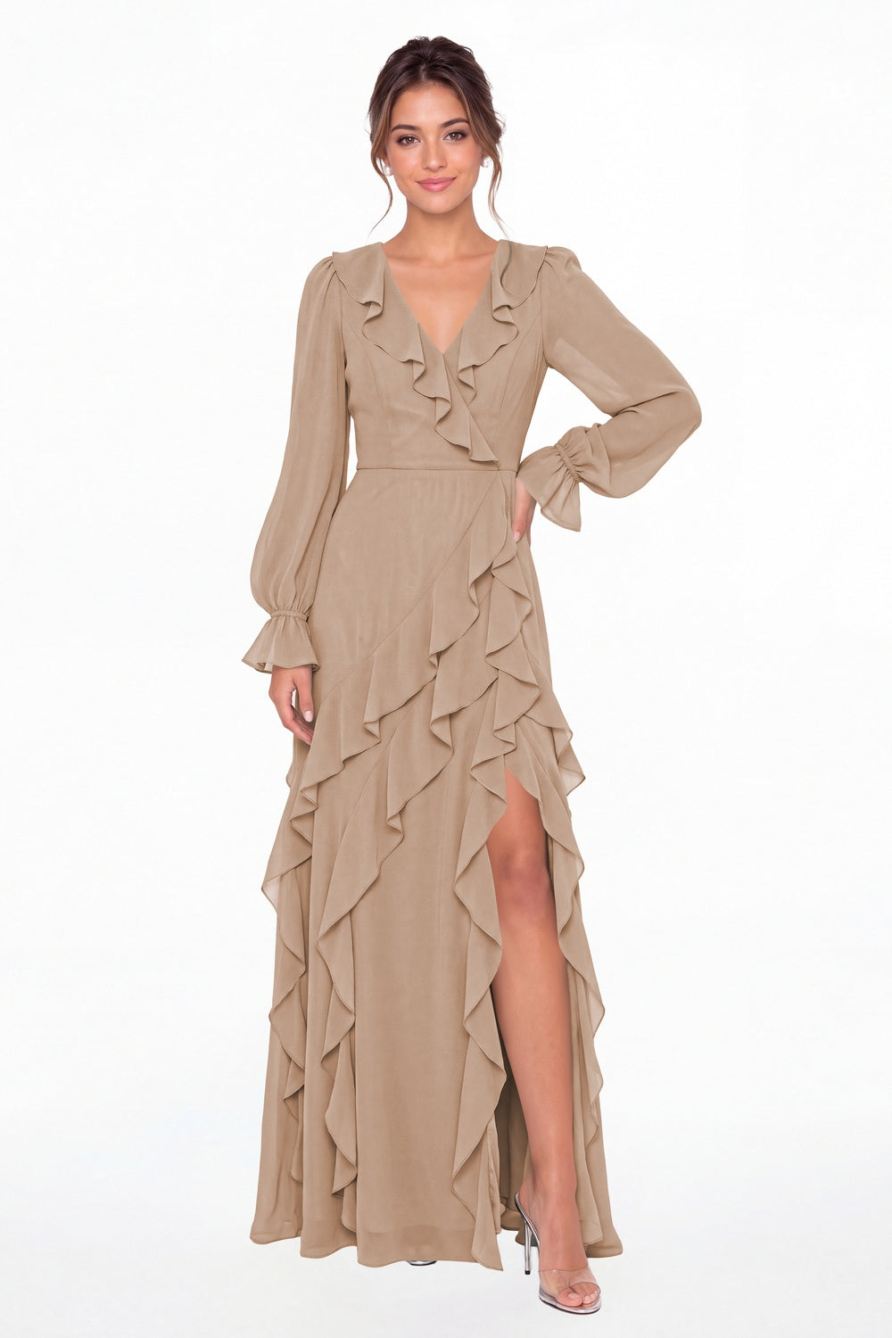 Taupe V-Neck Long Sleeve Ruffle Chiffon Slit Maxi Gown - Front View