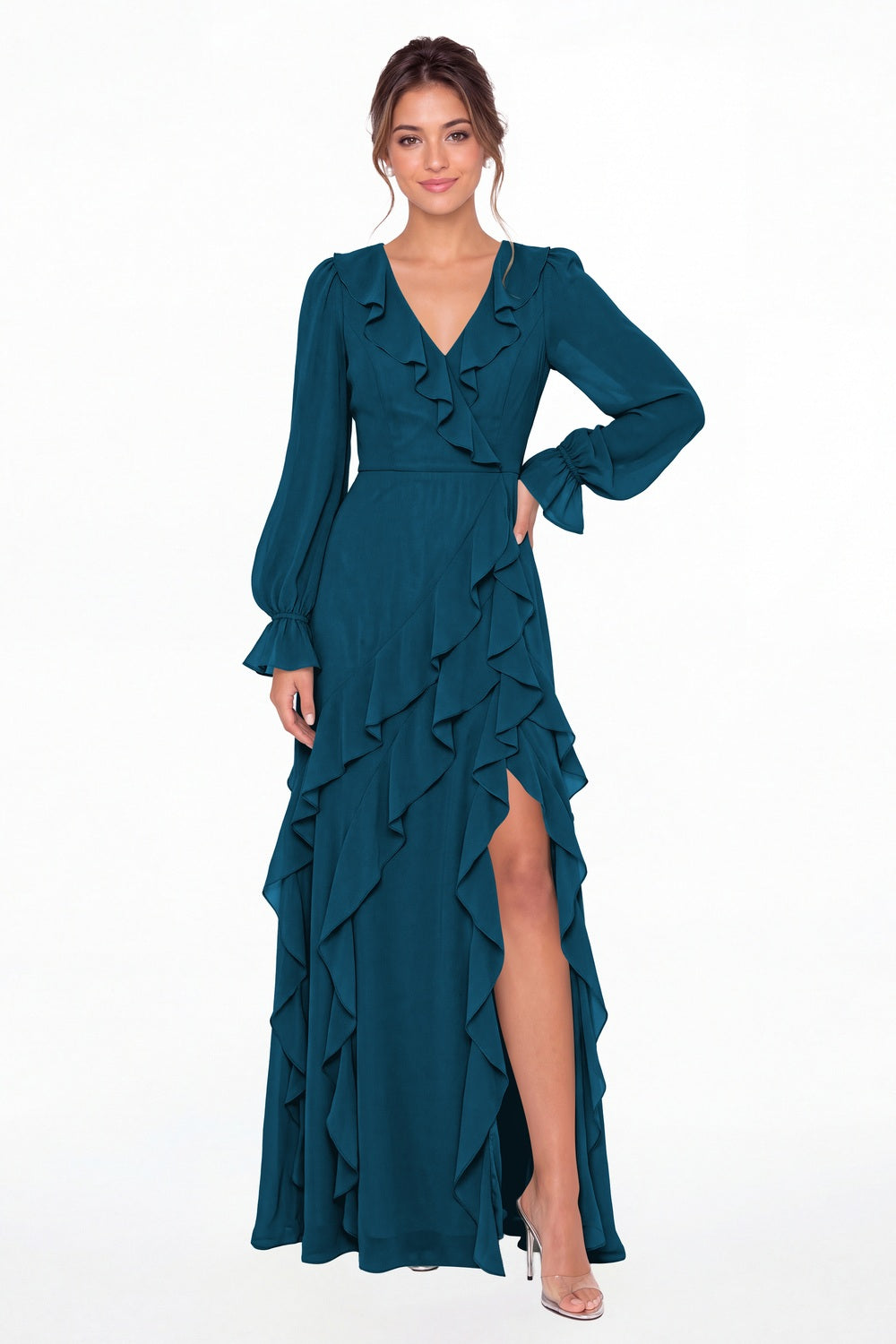 Teal V-Neck Long Sleeve Ruffle Chiffon Slit Maxi Gown - Front View