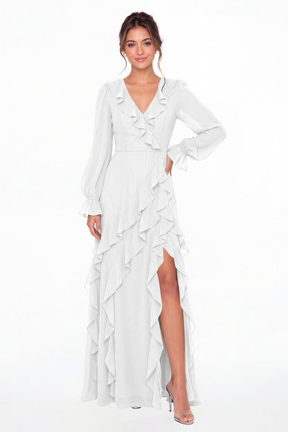 White V-Neck Long Sleeve Ruffle Chiffon Slit Maxi Gown - Front View