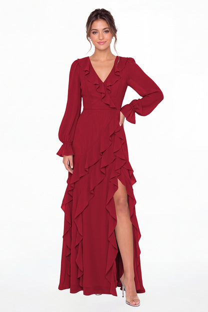 Wine Red V-Neck Long Sleeve Ruffle Chiffon Slit Maxi Gown - Front View