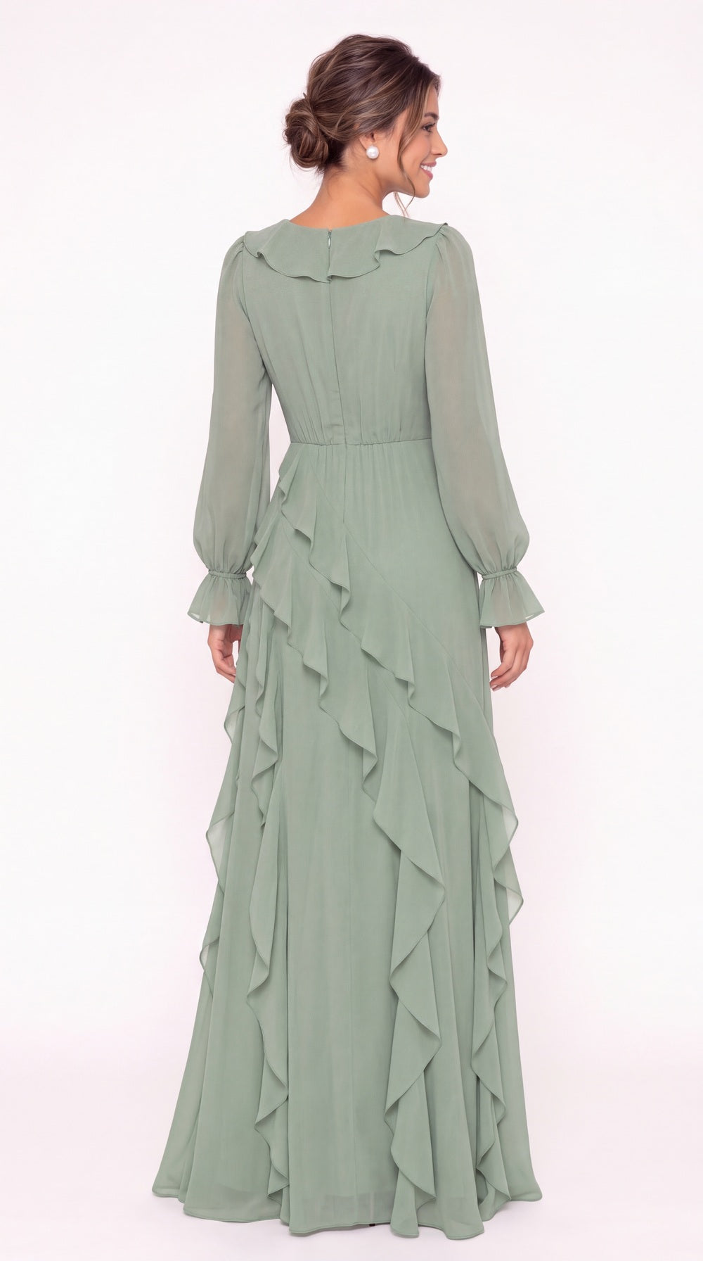V-Neck Long Sleeve Ruffle Chiffon Slit Maxi Gown - Back View