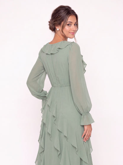 V-Neck Long Sleeve Ruffle Chiffon Slit Maxi Gown - Detail View 1