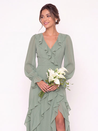 V-Neck Long Sleeve Ruffle Chiffon Slit Maxi Gown - Detail View 2