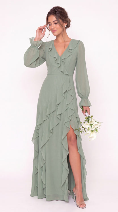 V-Neck Long Sleeve Ruffle Chiffon Slit Maxi Gown - Detail View 3