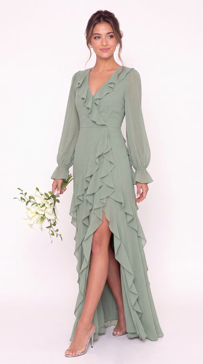 V-Neck Long Sleeve Ruffle Chiffon Slit Maxi Gown - Detail View 4
