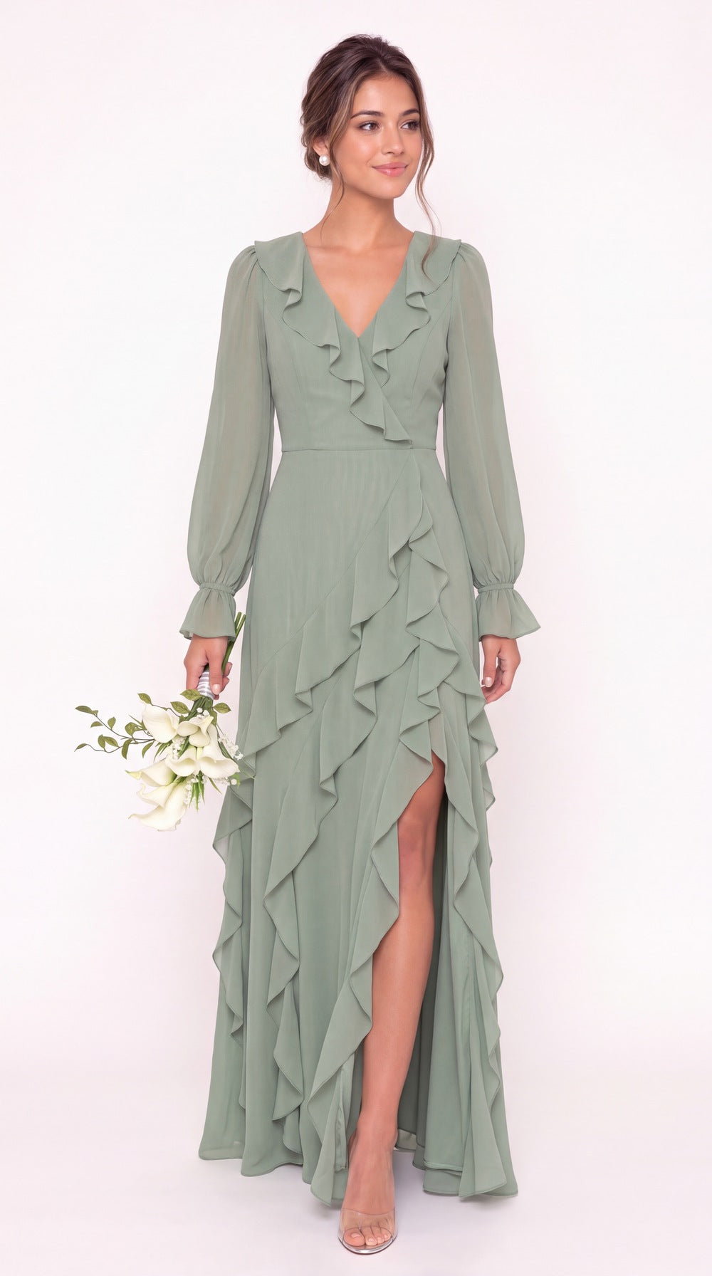 V-Neck Long Sleeve Ruffle Chiffon Slit Maxi Gown - Detail View 5