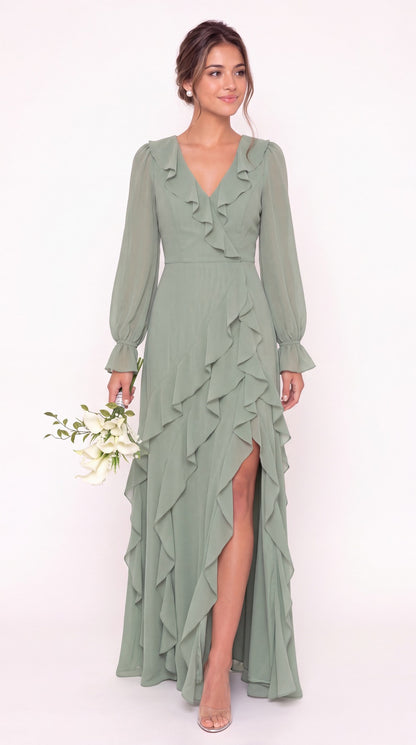 V-Neck Long Sleeve Ruffle Chiffon Slit Maxi Gown - Detail View 5