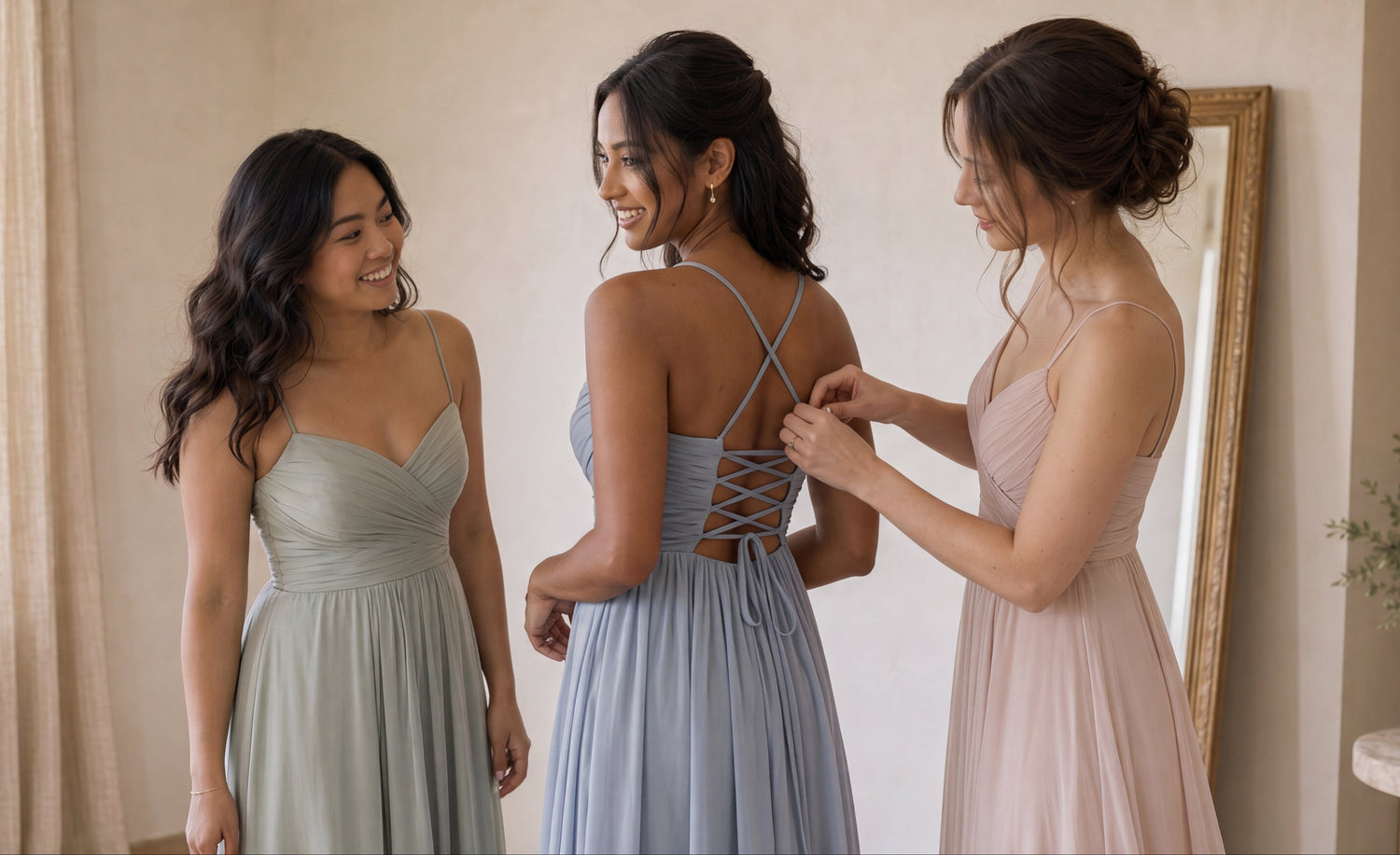 Three bridesmaids in muted pastel INEWER dresses preparing together in a sunlit room.