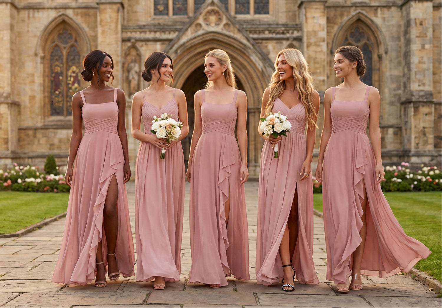 Five bridesmaids in softly coordinated pastel dresses walking together through a garden courtyard.