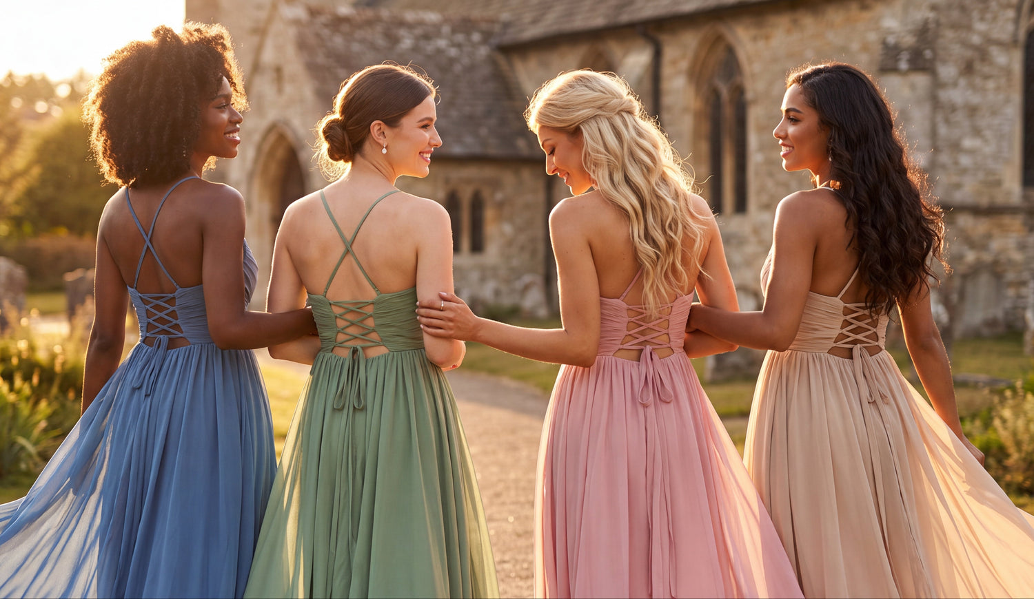 Four bridesmaids in softly coordinated dresses walking arm-in-arm at golden hour.