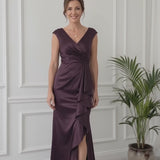 INEWER V Neck Ruched Satin Ruffle Slit Maxi Gown
