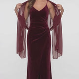 INEWER V-Neck Velvet Ruched Slit Maxi Gown
