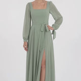 INEWER Square Neck Long Sleeve Chiffon A-Line Slit Maxi Gown