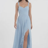 INEWER Sweetheart Ruched Chiffon Ruffle Slit Maxi Gown