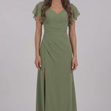 INEWER V Neck Flutter Sleeve Ruched Chiffon Maxi Dress