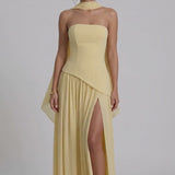 INEWER Strapless Scarf Chiffon Slit Maxi Gown
