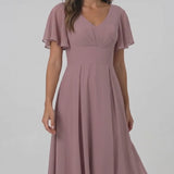 INEWER V Neck High Low Flutter Sleeve Chiffon Midi Dress