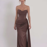 INEWER Sweetheart Satin Ruched Mermaid Maxi Gown