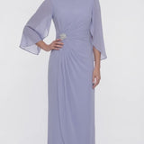 INEWER Boat Neck Ruched Chiffon Slit Maxi Gown