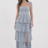 INEWER Floral Burnout Tiered Ruffle Slit A-Line Maxi Gown