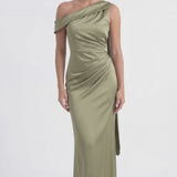 INEWER One Shoulder Draped Ruched Satin Maxi Gown
