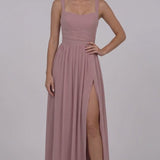 INEWER Square Neck Chiffon Ruffle Slit Maxi Gown