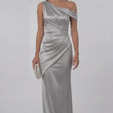 INEWER One Shoulder Ruched Satin Maxi Gown