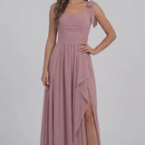INEWER Square Neck Bow Strap Ruched Chiffon Ruffle Slit Maxi Gown