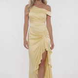 INEWER One Shoulder Ruched Satin Ruffle Prom Dress