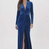 INEWER V-Neck Long Sleeve Velvet Knot Ruched Slit Maxi Gown