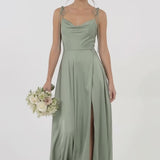 INEWER Cowl Neck Slit Draped Satin Maxi Gown