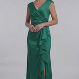 INEWER V Neck Ruched Satin Ruffle Slit Maxi Gown - Video